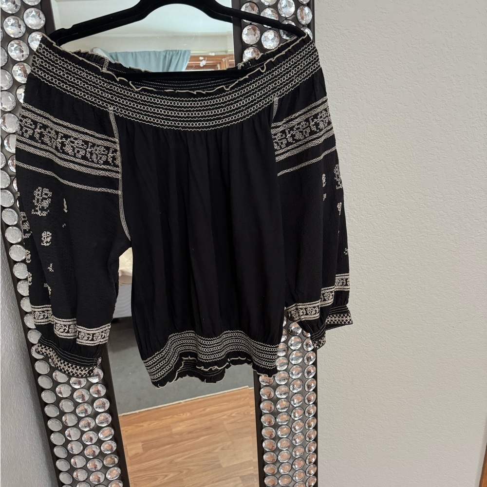 Free People Black and White Embroidered Top